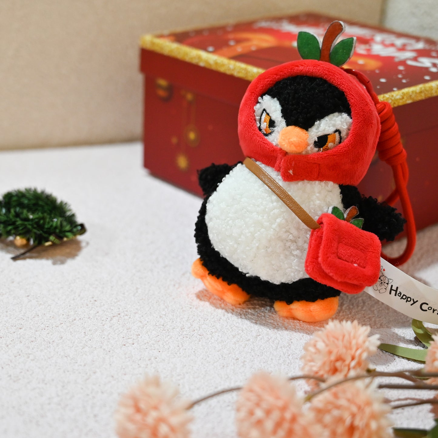 Christmas Plush Keychain | 6.3" Detachable Apple Hat Penguin Bag Charm - Cute Stuffed Animal Pendant Gift