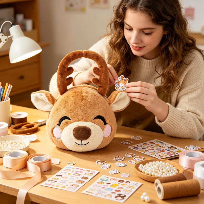 GaoPengToy | Cute Reindeer Multi-Purpose Plush Bag | Dual Opening No Drop Design | Portable Pet Waste Dispenser & Daily Pouch