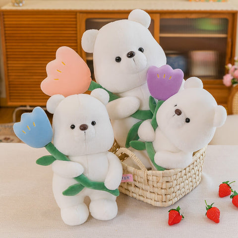 Teddy Bear  Holding Tulip Flower Stuffed Soft Plush Toy