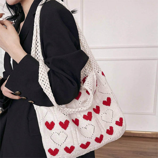 Dopamine Heart Pattern Colorblock Crochet Tote Bag