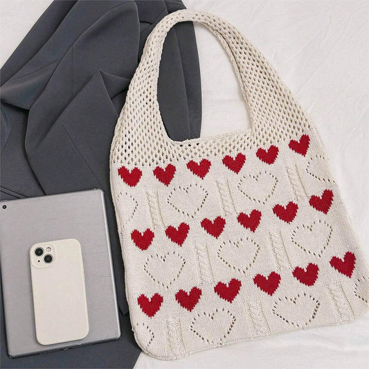 Dopamine Heart Pattern Colorblock Crochet Tote Bag
