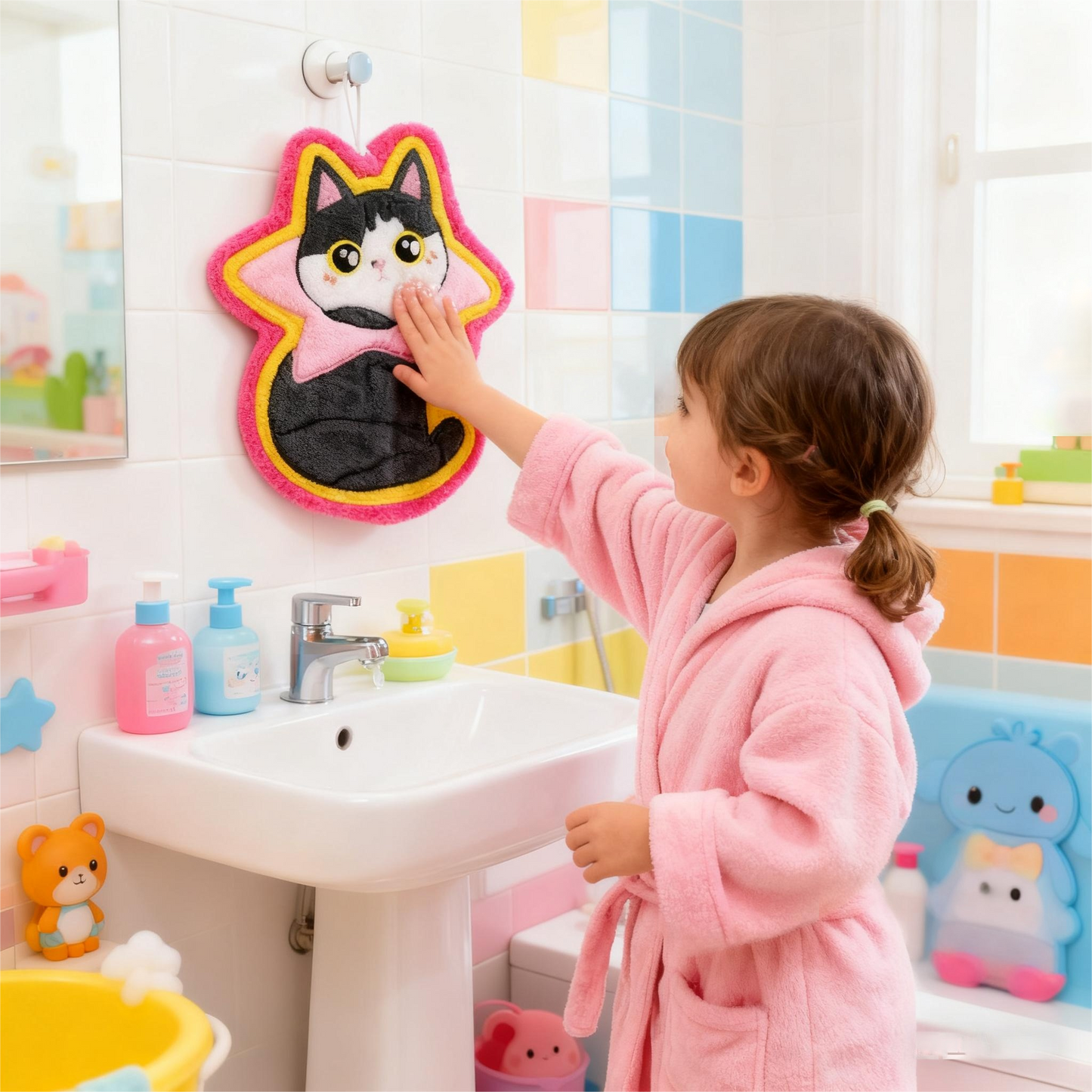 Original Cat Hand Towel with Hanging Loop (9.84") - Soft Absorbent Decorative Towel for Bathroom Kitchen, Cute Animal Towel Gift