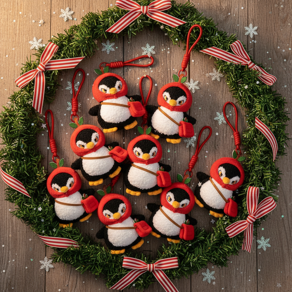 Christmas Plush Keychain | 6.3" Detachable Apple Hat Penguin Bag Charm - Cute Stuffed Animal Pendant Gift
