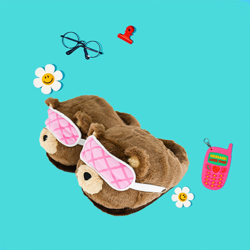 GaoPengToy | Cozy Bear Slippers with Pink Eye Mask - Fuzzy Warm Indoor Shoes