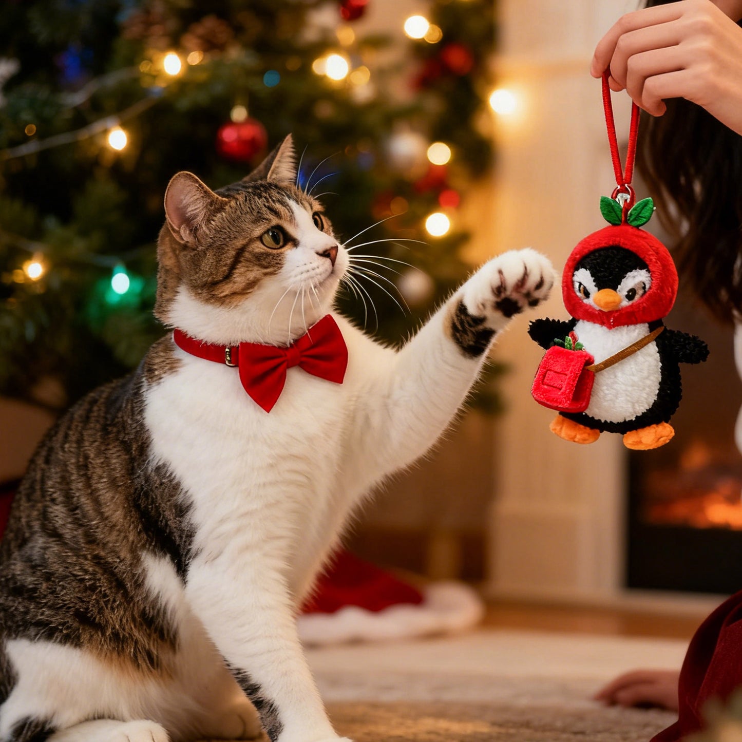 Christmas Plush Keychain | 6.3" Detachable Apple Hat Penguin Bag Charm - Cute Stuffed Animal Pendant Gift