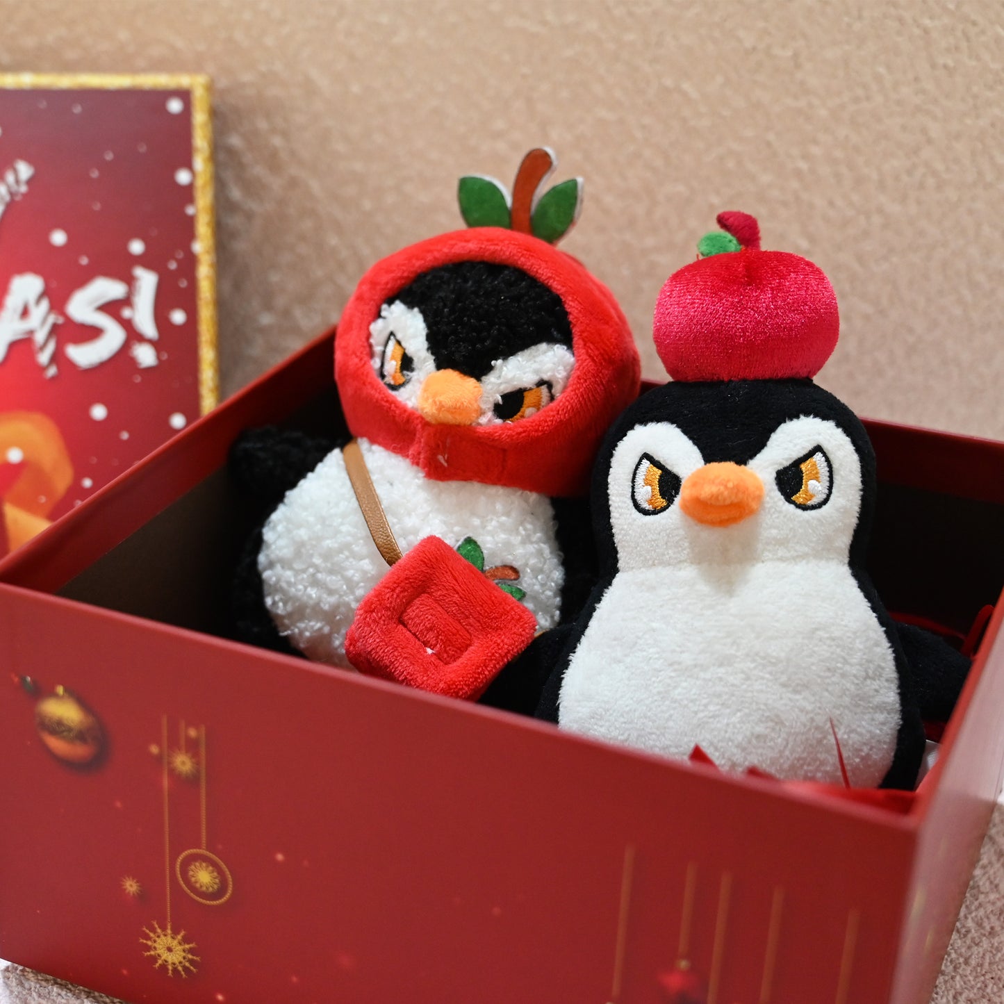 Christmas Plush Keychain | 6.3" Detachable Apple Hat Penguin Bag Charm - Cute Stuffed Animal Pendant Gift