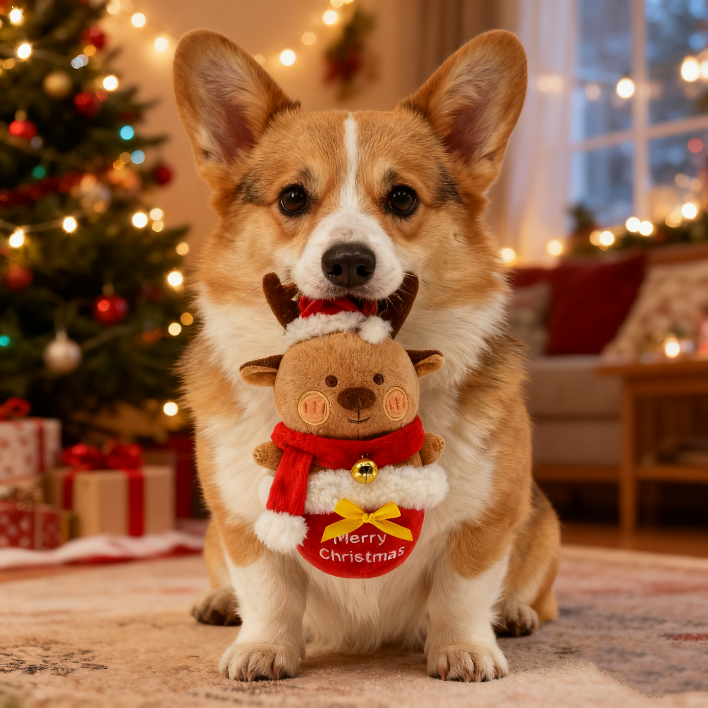 Christmas Reindeer Dog Squeaky Chew Toy - 7.9inch Cute Plush Pet Toy for Medium/Large Dogs & Puppies, Durable Teething Toy to Relieve Boredom