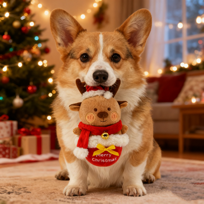 Christmas Reindeer Dog Squeaky Chew Toy - 7.9inch Cute Plush Pet Toy for Medium/Large Dogs & Puppies, Durable Teething Toy to Relieve Boredom