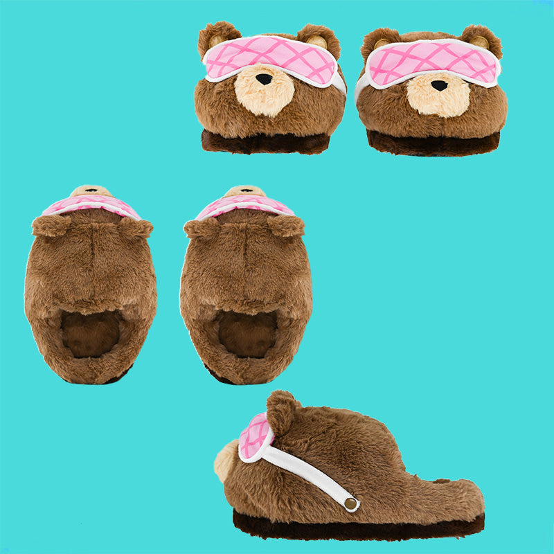 GaoPengToy | Cozy Bear Slippers with Pink Eye Mask - Fuzzy Warm Indoor Shoes