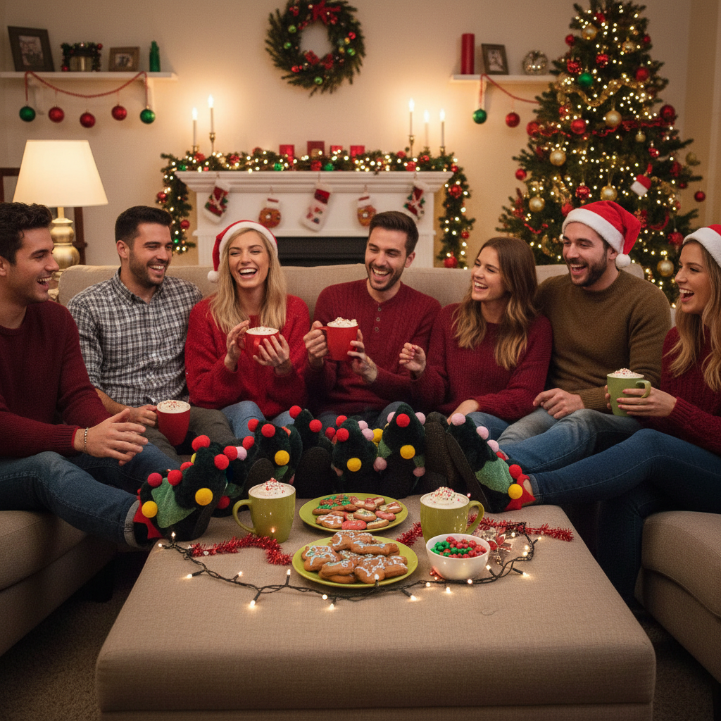 Unisex-Adult Christmas Slipper, Green Elf Shoes with Christmas Tree Design - Cozy Fuzzy Indoor House Shoes for Home & Christmas Party Gatherings