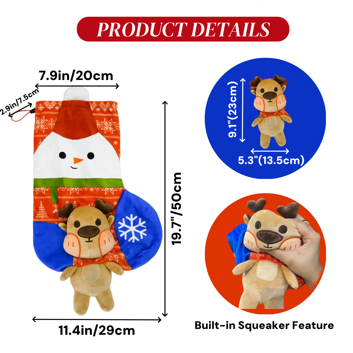 Large 19.7" Christmas Stocking with Built-in Squeaker & Gift Bag Function- Adjustable Closure, Xmas Stocking for Kids & Family, Perfect for Holiday Christmas Party Decor