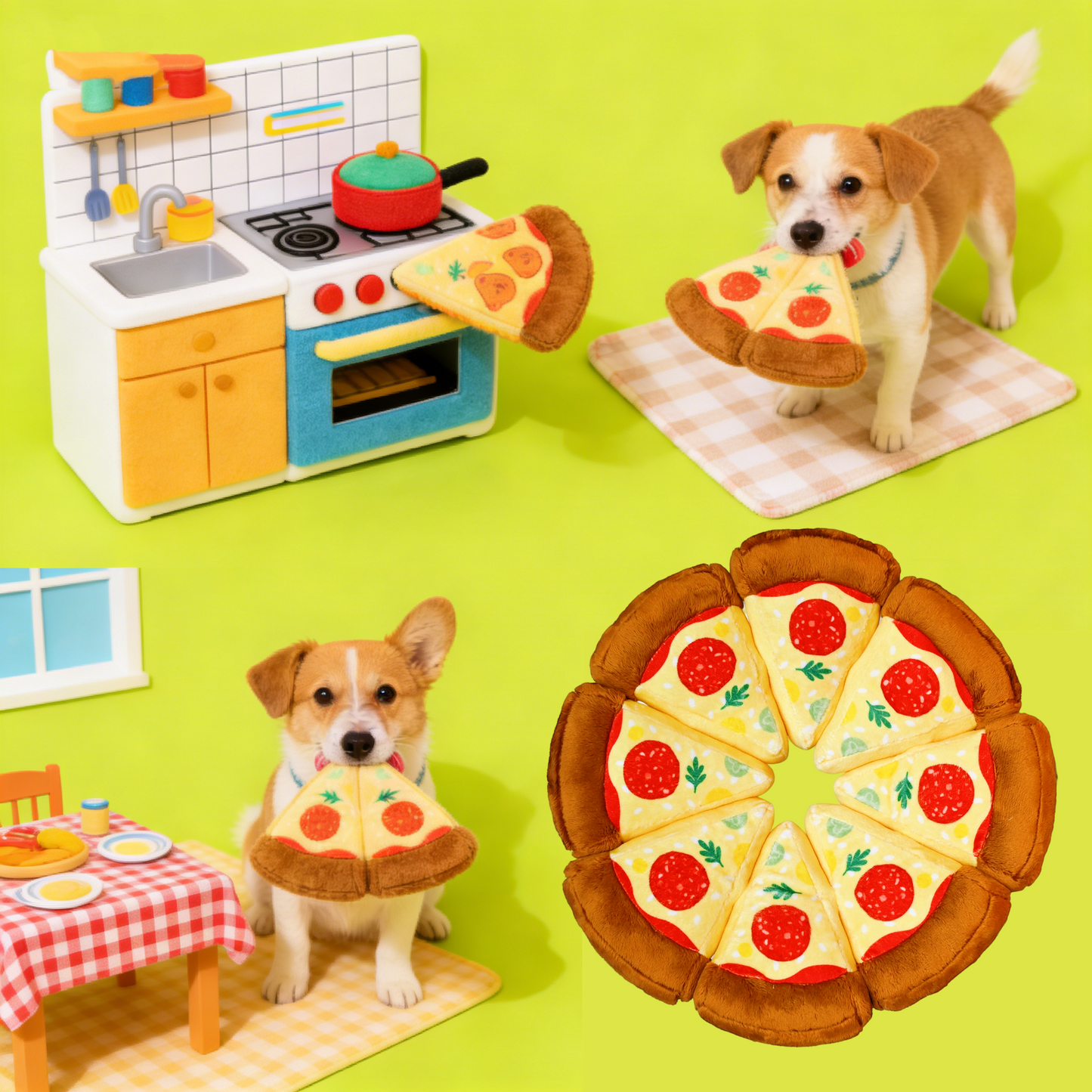 GaoPengToy | 10.2" Pizza Squeaky Dog Toy - 8pcs Magnetic Plush Puzzle Toy for Small & Medium Dogs