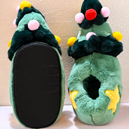 Unisex-Adult Christmas Slipper, Green Elf Shoes with Christmas Tree Design - Cozy Fuzzy Indoor House Shoes for Home & Christmas Party Gatherings