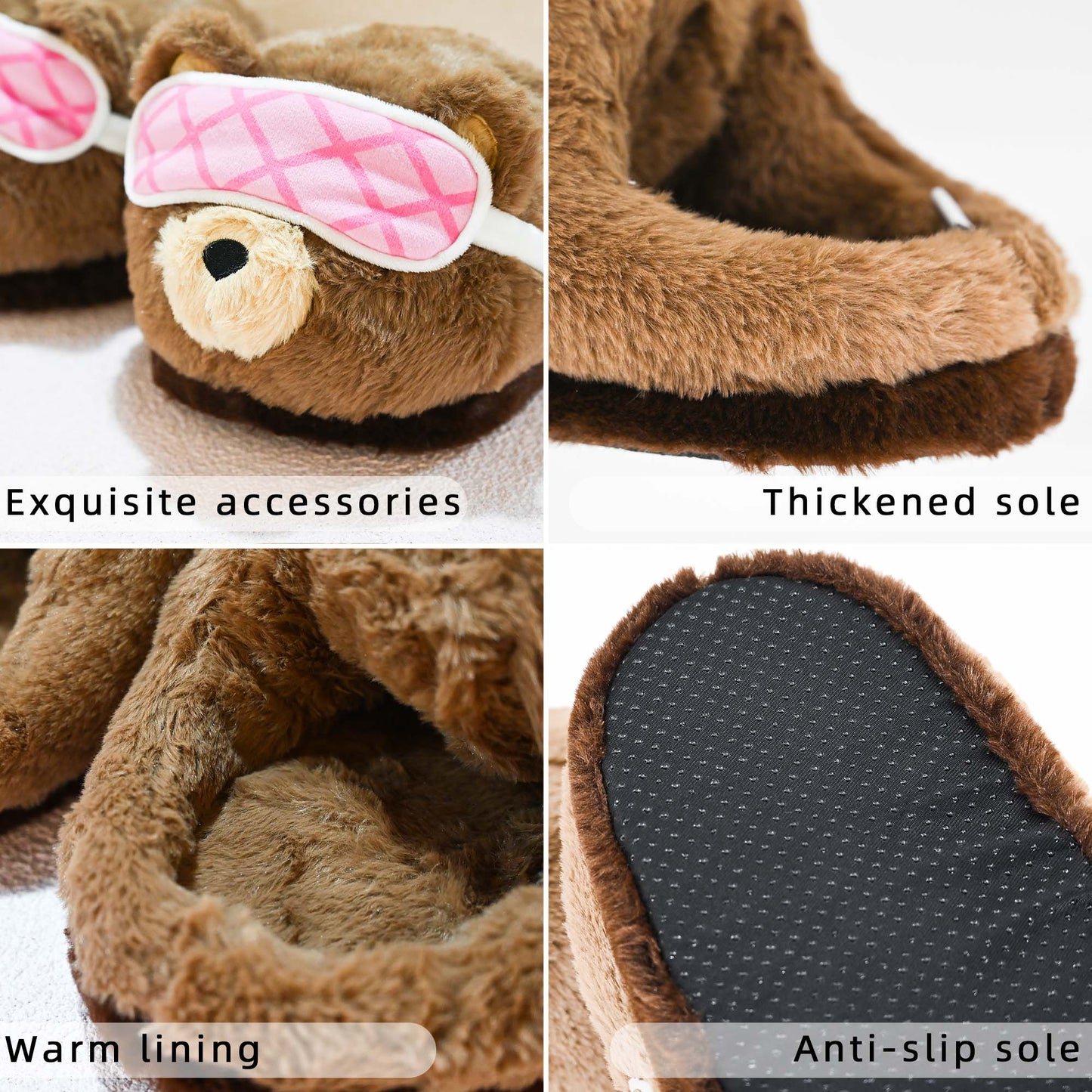 GaoPengToy | Cozy Bear Slippers with Pink Eye Mask - Fuzzy Warm Indoor Shoes