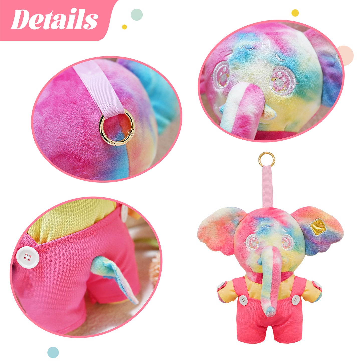 5.9" Plush Elephant Toy - Soft Pink Animal Pendent with Overalls, Gift Box Included for Kids