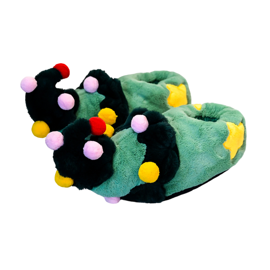 Designer Original Unisex-Adult Christmas Slipper, Green Elf Shoes with Christmas Tree Design - Cozy Fuzzy Indoor House Shoes for Home & Christmas Party Gatherings