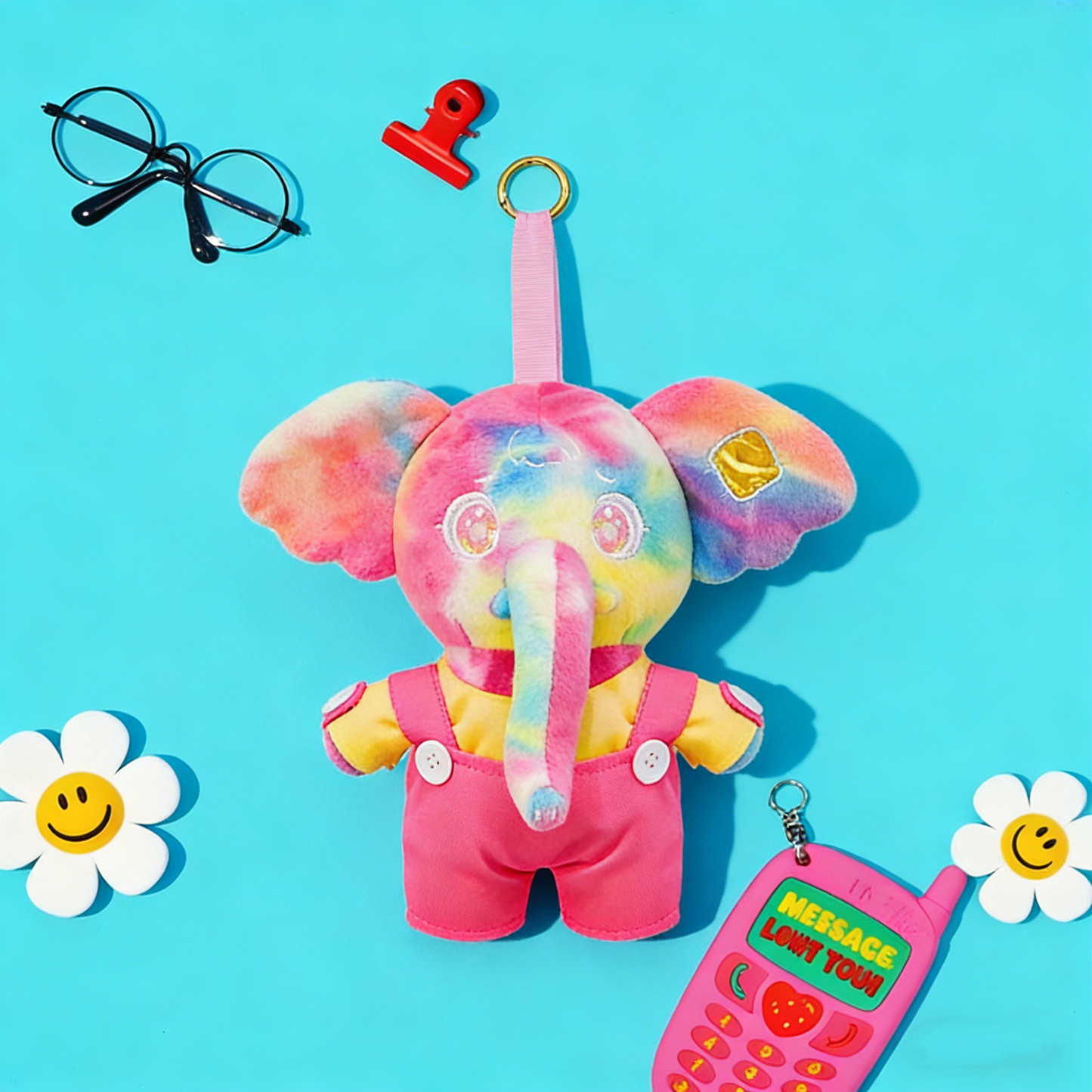 5.9" Plush Elephant Toy - Soft Pink Animal Pendent with Overalls, Gift Box Included for Kids