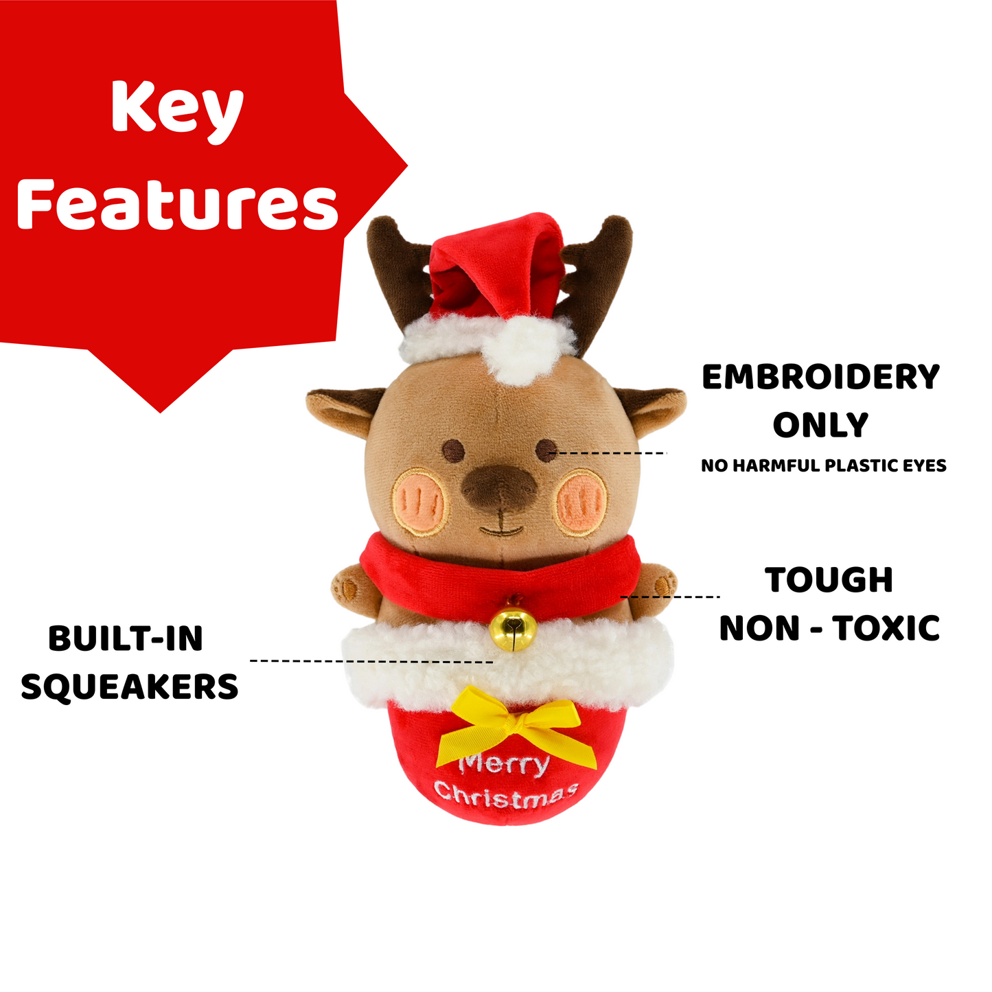 Christmas Reindeer Dog Squeaky Chew Toy - 7.9inch Cute Plush Pet Toy for Medium/Large Dogs & Puppies, Durable Teething Toy to Relieve Boredom