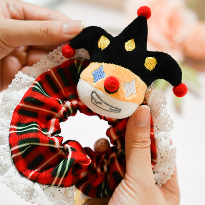 Designer Original Clown Corgi Christmas Hair Scrunchies - Stocking Stuffer Soft Elastic Hair Bands, Red Green Checkered Hair Ties & Ponytail Holders for Women Girls