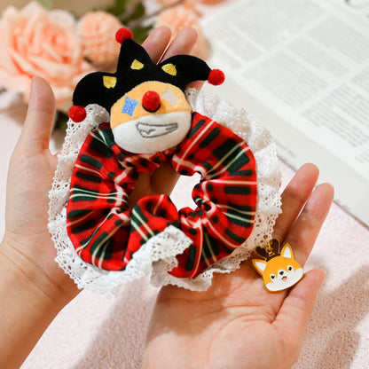 Designer Original Clown Corgi Christmas Hair Scrunchies - Stocking Stuffer Soft Elastic Hair Bands, Red Green Checkered Hair Ties & Ponytail Holders for Women Girls