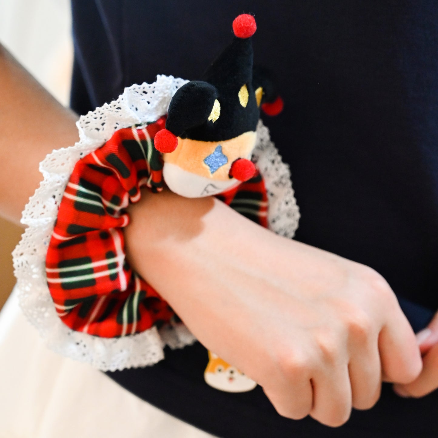 Designer Original Clown Corgi Christmas Hair Scrunchies - Stocking Stuffer Soft Elastic Hair Bands, Red Green Checkered Hair Ties & Ponytail Holders for Women Girls