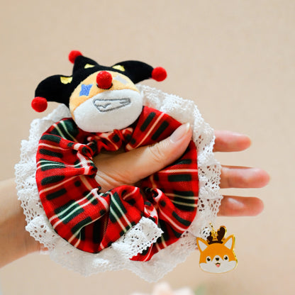 Designer Original Clown Corgi Christmas Hair Scrunchies - Stocking Stuffer Soft Elastic Hair Bands, Red Green Checkered Hair Ties & Ponytail Holders for Women Girls