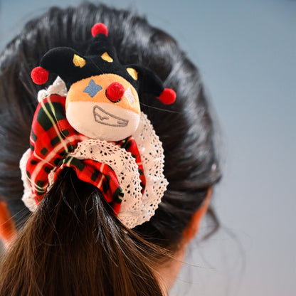 Designer Original Clown Corgi Christmas Hair Scrunchies - Stocking Stuffer Soft Elastic Hair Bands, Red Green Checkered Hair Ties & Ponytail Holders for Women Girls