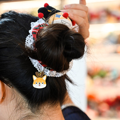 Designer Original Clown Corgi Christmas Hair Scrunchies - Stocking Stuffer Soft Elastic Hair Bands, Red Green Checkered Hair Ties & Ponytail Holders for Women Girls