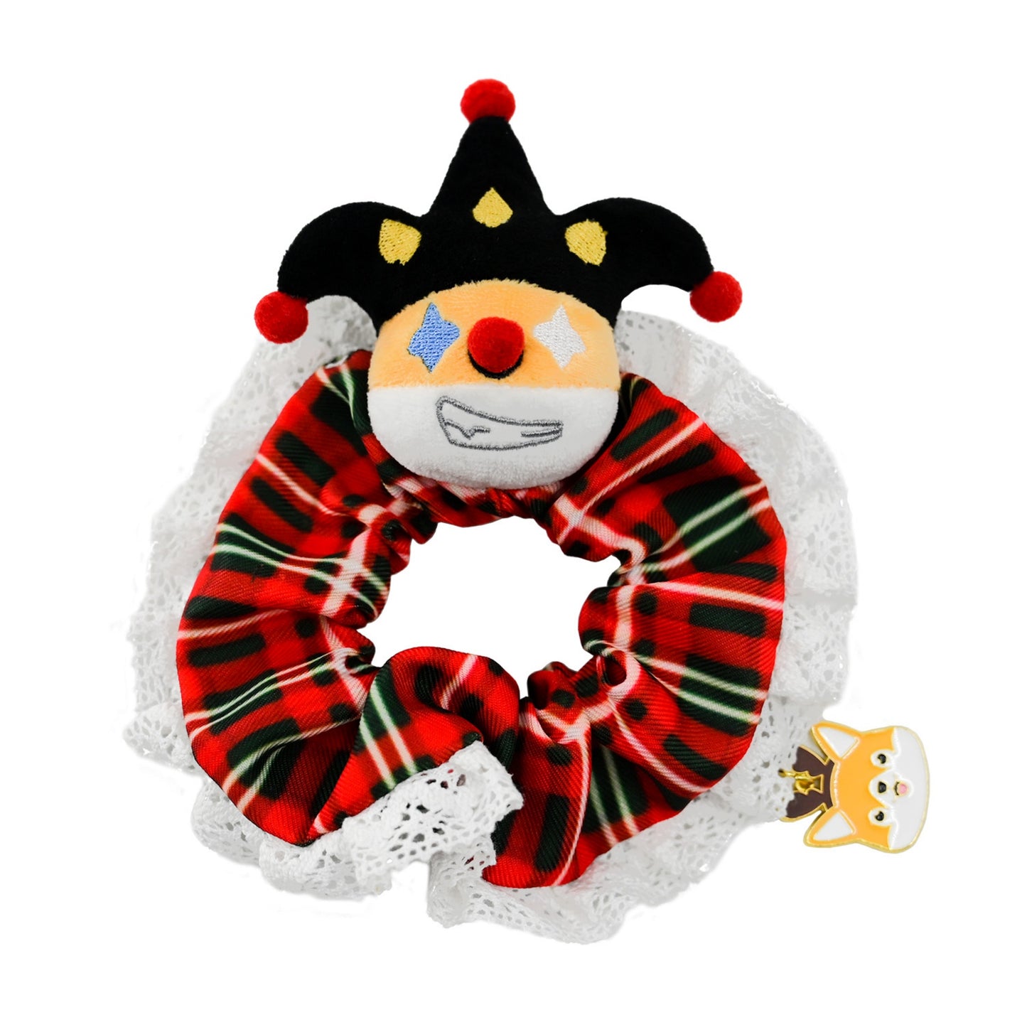 Designer Original Clown Corgi Christmas Hair Scrunchies - Stocking Stuffer Soft Elastic Hair Bands, Red Green Checkered Hair Ties & Ponytail Holders for Women Girls