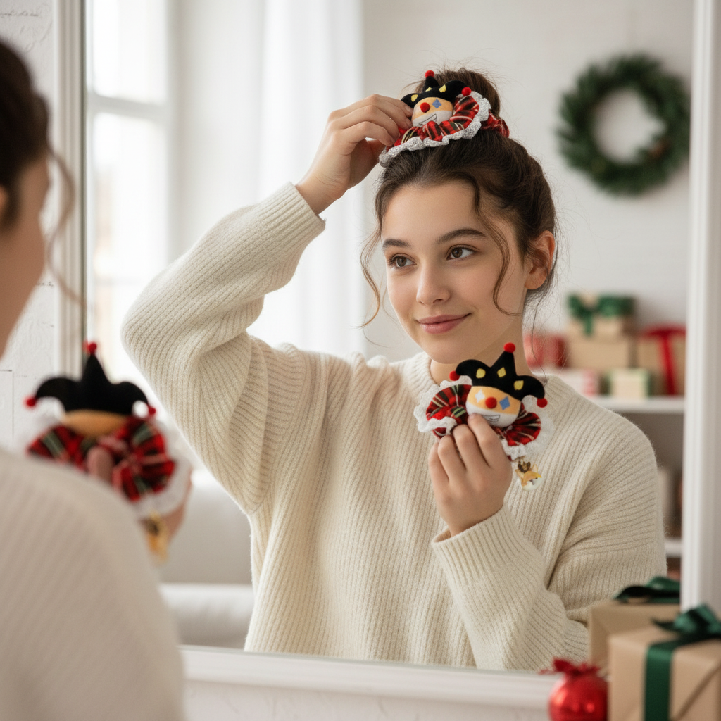 Designer Original Clown Corgi Christmas Hair Scrunchies - Stocking Stuffer Soft Elastic Hair Bands, Red Green Checkered Hair Ties & Ponytail Holders for Women Girls