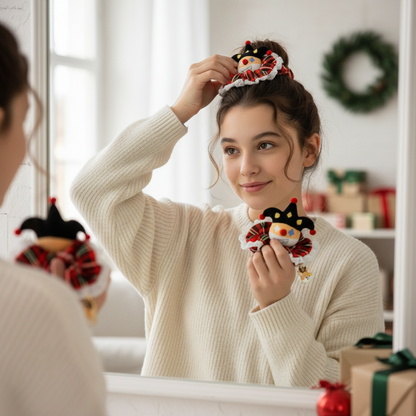 Designer Original Clown Corgi Christmas Hair Scrunchies - Stocking Stuffer Soft Elastic Hair Bands, Red Green Checkered Hair Ties & Ponytail Holders for Women Girls