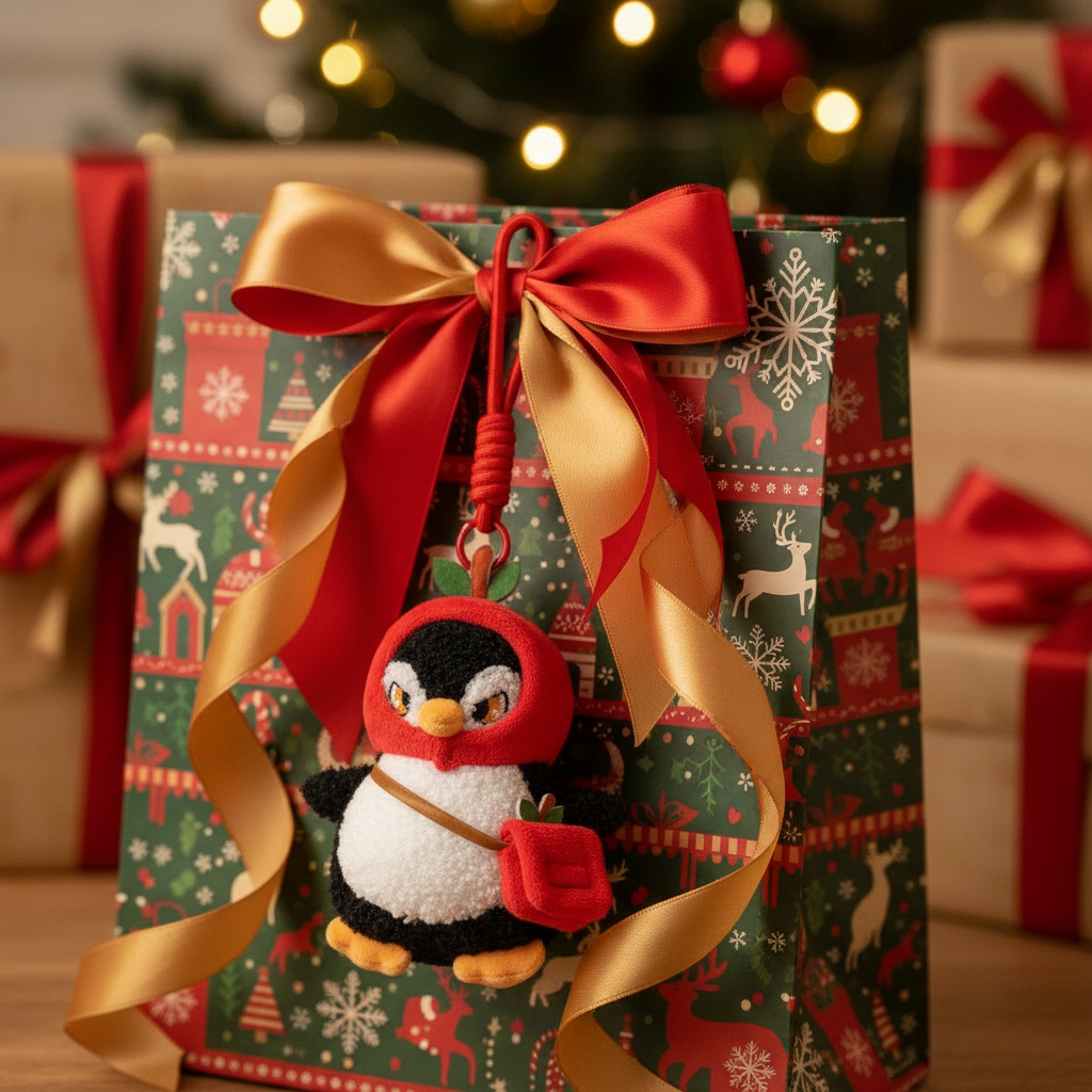 Christmas Plush Keychain | 6.3" Detachable Apple Hat Penguin Bag Charm - Cute Stuffed Animal Pendant Gift