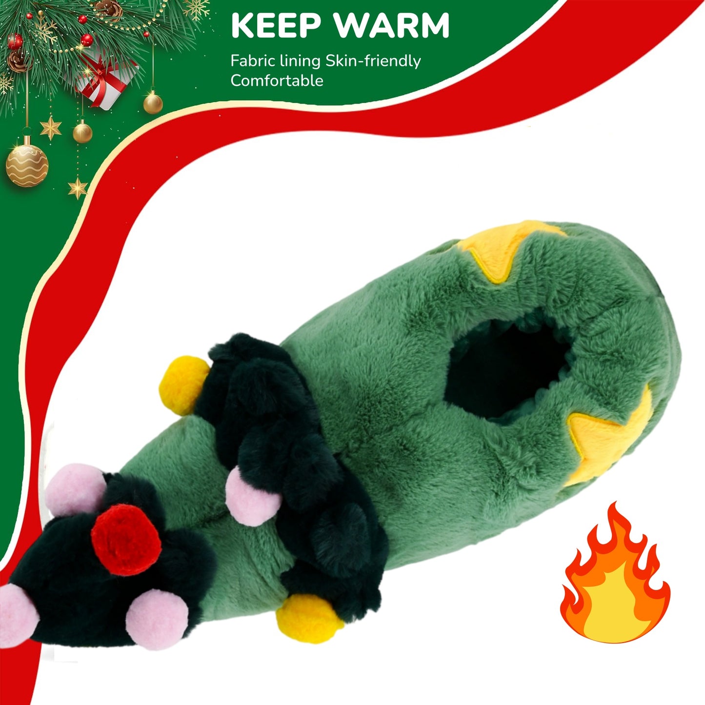 Unisex-Adult Christmas Slipper, Green Elf Shoes with Christmas Tree Design - Cozy Fuzzy Indoor House Shoes for Home & Christmas Party Gatherings