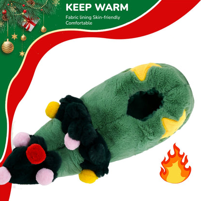 Unisex-Adult Christmas Slipper, Green Elf Shoes with Christmas Tree Design - Cozy Fuzzy Indoor House Shoes for Home & Christmas Party Gatherings