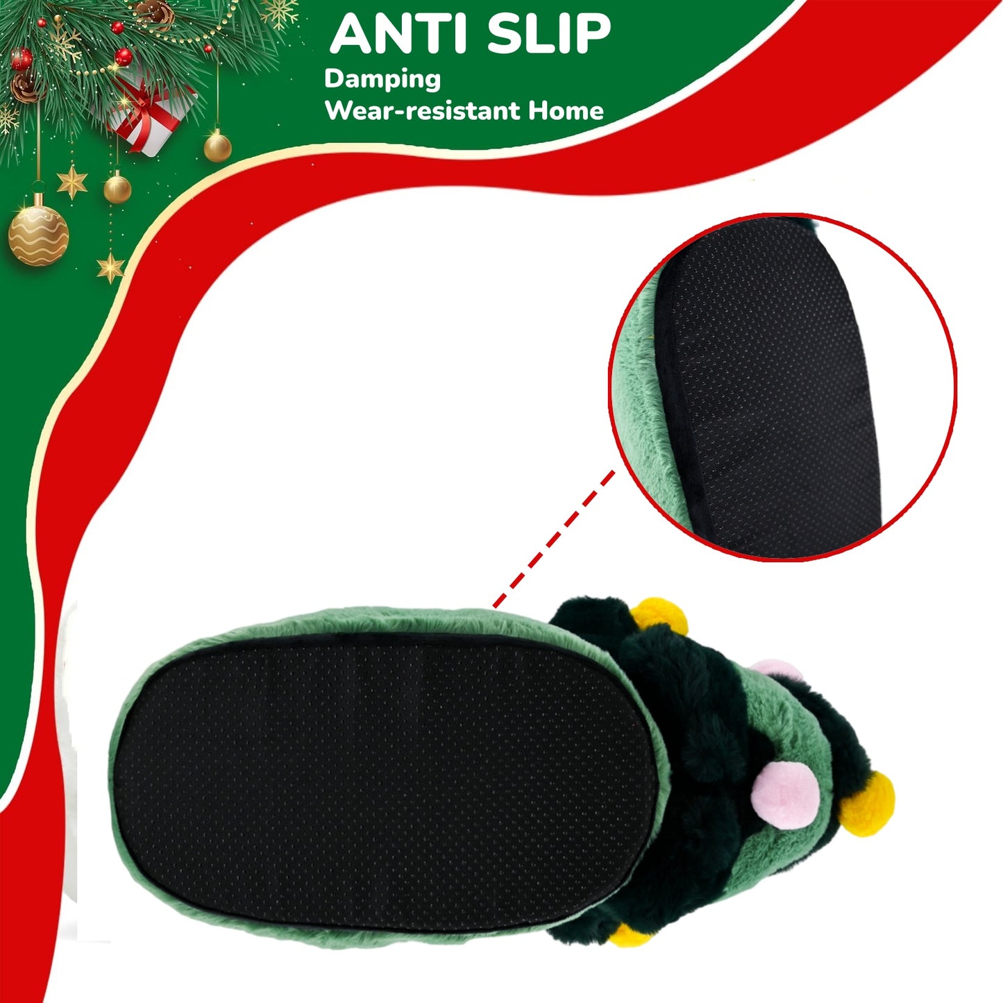 Unisex-Adult Christmas Slipper, Green Elf Shoes with Christmas Tree Design - Cozy Fuzzy Indoor House Shoes for Home & Christmas Party Gatherings