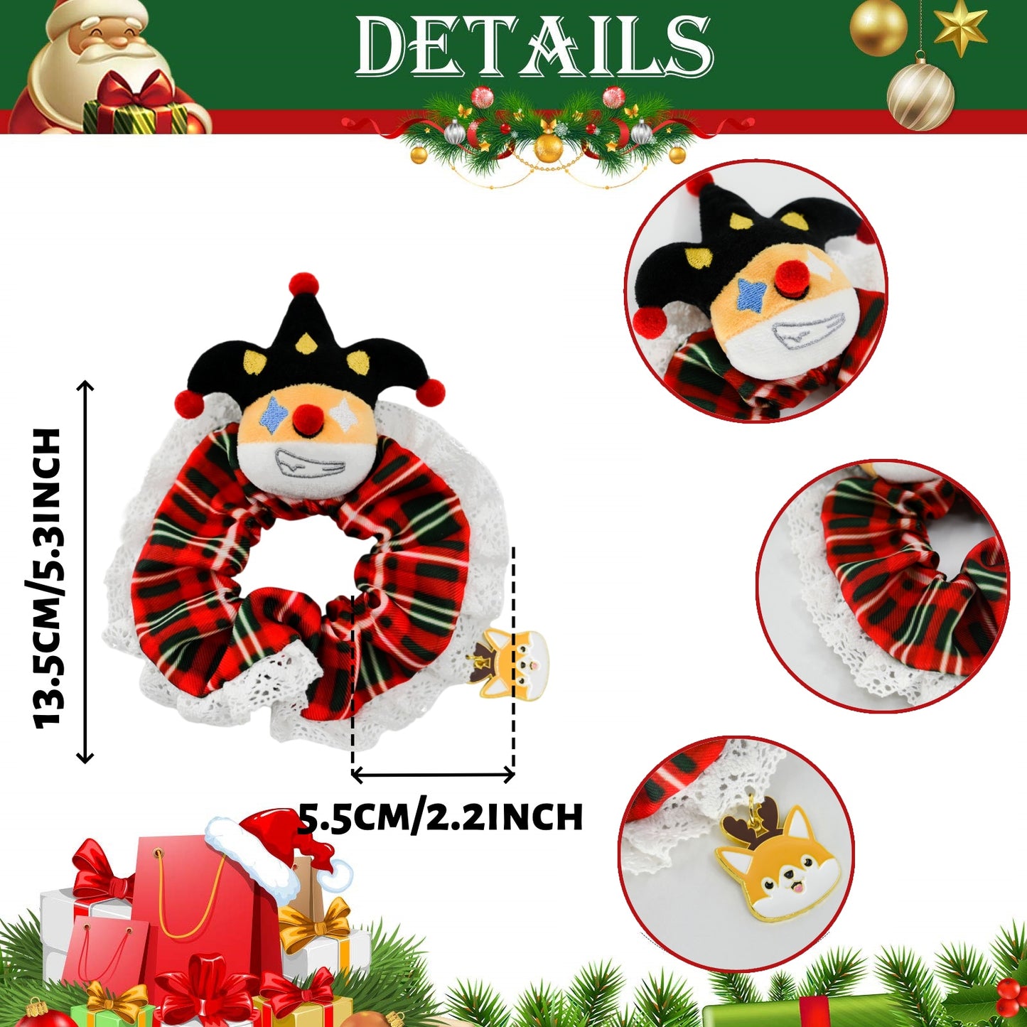 Designer Original Clown Corgi Christmas Hair Scrunchies - Stocking Stuffer Soft Elastic Hair Bands, Red Green Checkered Hair Ties & Ponytail Holders for Women Girls