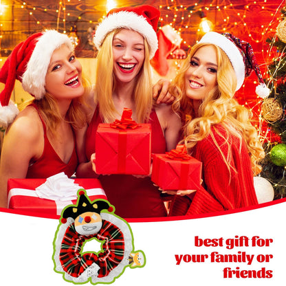 Designer Original Clown Corgi Christmas Hair Scrunchies - Stocking Stuffer Soft Elastic Hair Bands, Red Green Checkered Hair Ties & Ponytail Holders for Women Girls