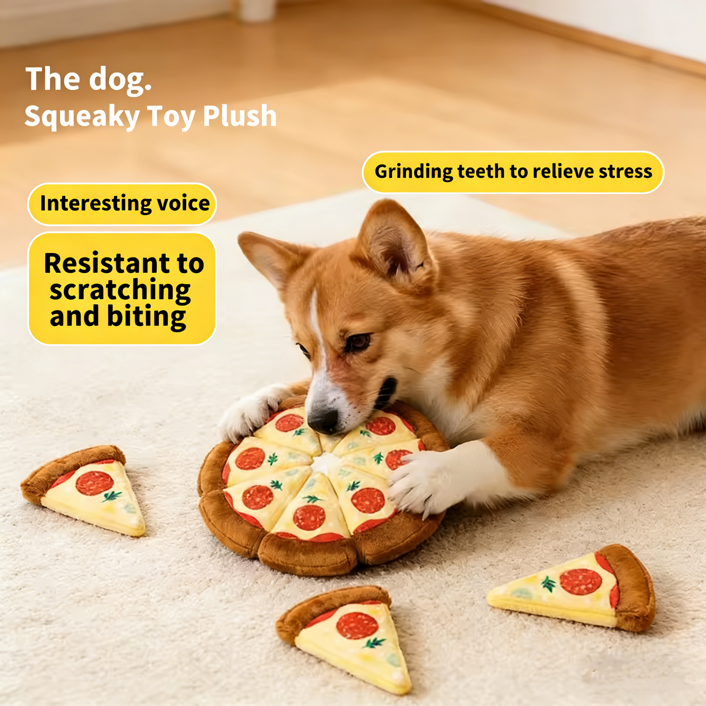 GaoPengToy | 10.2" Pizza Squeaky Dog Toy - 8pcs Magnetic Plush Puzzle Toy for Small & Medium Dogs