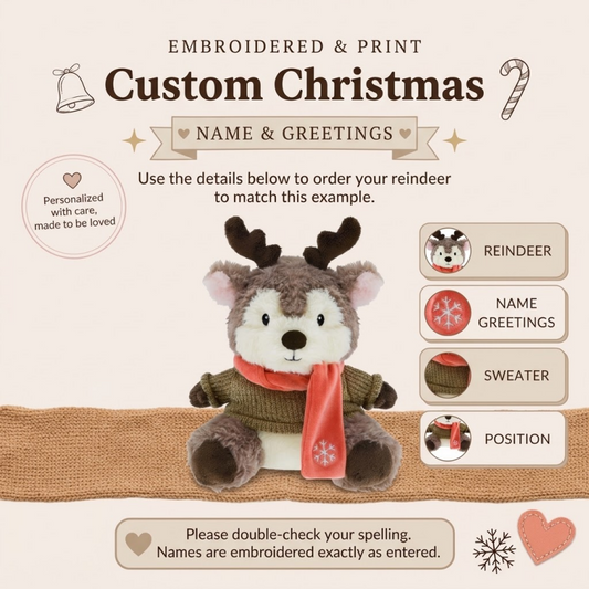 Custom Christmas reindeer plush ordering guide showing personalization options on scarf