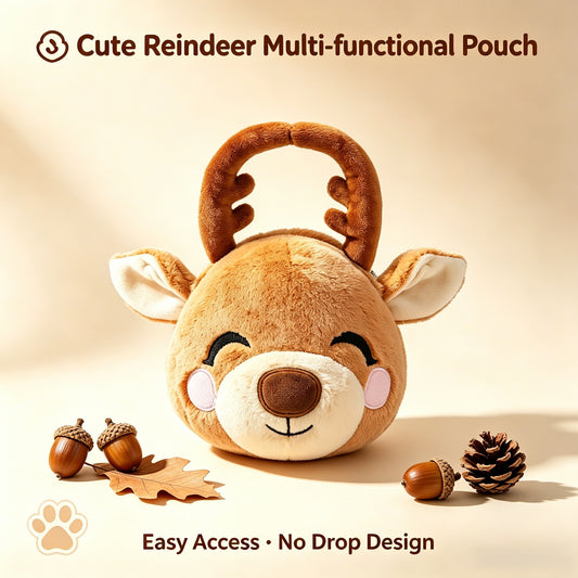 GaoPengToy | Cute Reindeer Multi-Purpose Plush Bag | Dual Opening No Drop Design | Portable Pet Waste Dispenser & Daily Pouch