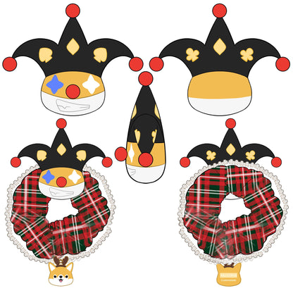Designer Original Clown Corgi Christmas Hair Scrunchies - Stocking Stuffer Soft Elastic Hair Bands, Red Green Checkered Hair Ties & Ponytail Holders for Women Girls