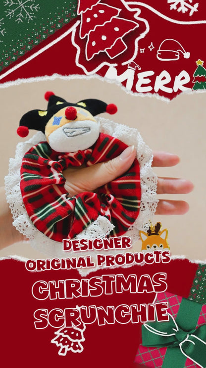 Designer Original Clown Corgi Christmas Hair Scrunchies - Stocking Stuffer Soft Elastic Hair Bands, Red Green Checkered Hair Ties & Ponytail Holders for Women Girls
